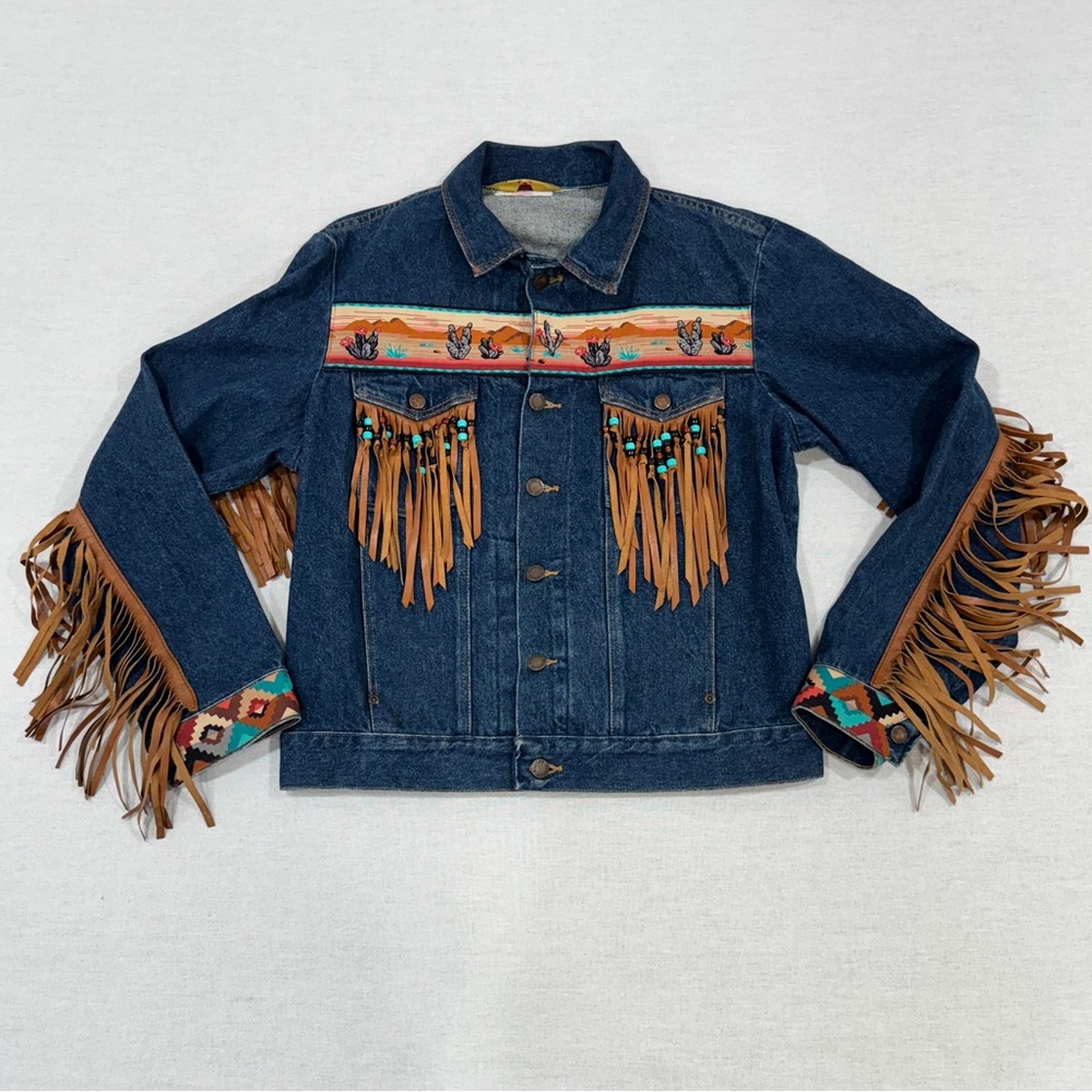 Vintage 80s Denim Jacket Made in USA Leather Fringe Aztec Western Medium